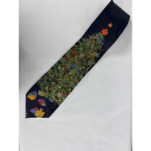 Reed St James Mens Christmas Tree Silk Necktie Navy Blue‎ Holiday Gift Theme Tie